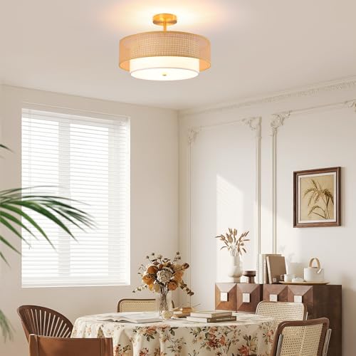 17.7" Gold Bohemian Wicker Flush Mount Ceiling Light, Hand-Woven Double Layer Drum Semi-Flush Fixture for Bedroom, Living Room, Dining Room, Hallway & Kitchen - color: 17.7'' Rattan&Fabric Gold