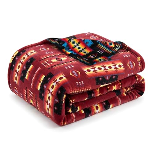 Sacred Thread Aztec Blanket Fleece, Reversible Native American Blanket, Western Throw, Native American Western (Burgundy Flannel), Full (60”x80”) - color: Burgundy Flannel, size: Full (60”x80”)