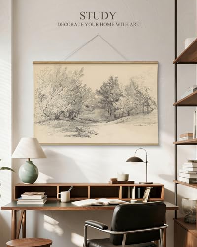 ARPEOTCY Extra Large Vintage Framed Wall Art, 36x54 Inch Sketch Forest Landscape Hanging Canvas Prints, Scroll Wall Decor for Living Room Bedroom, Retro Scenery Pictures Above of Bed - color: Sketch Deep Forest