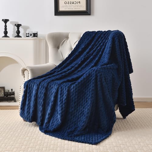 PLEASANT BOULEVARD Fleece Throw Blanket for Couch with 3D Turtle Shell Jacquard Soft Blanket, Fuzzy Blanket for All Seasons 50x60 Inches, Navy - color: Navy, size: 50x60in