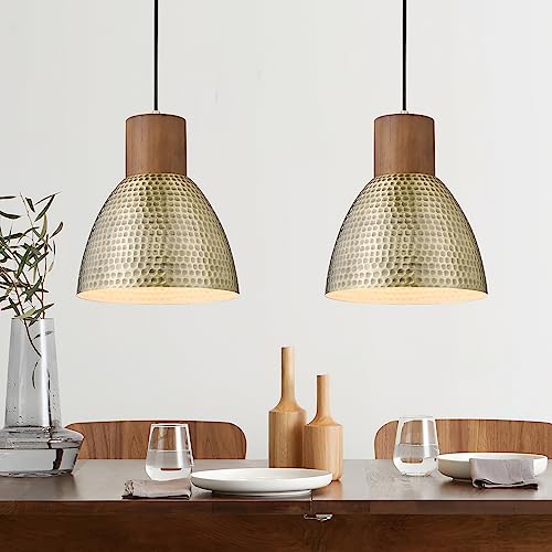 ELYONA 2 Pack Hammered Pendant Light Fixtures, 10.2" Vintage Metal Solid Wood Hanging Bar Lamp, Mid Century Antique Gold Pendant Lights for Kitchen Island, Farmhouse, Dining Room, Brushed Brass - color: Brass - 2 Pack
