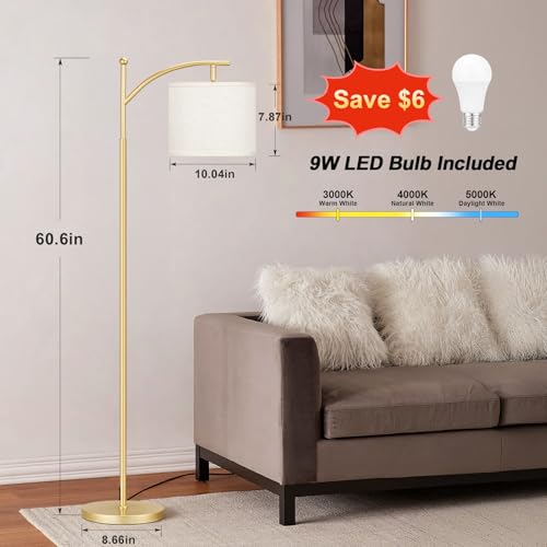 Ambimall 60" Floor Lamp with 3 Color Temperatures, Adjustable Beige Shade, Gold Pole - Tall Lamp for Living Room, Bedroom, Office, Classroom, Dorm - 9W Bulb Included - color: Beige & Gold