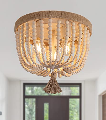 AMZASA Boho Flush Mount Ceiling Light Wooden Beaded Hepm Rope Oak Withe Farmhouse Beaded Chandelier Light Fixture 3 Lights for Nursery Bedroom Hallway Entryway - color: Hemp Rope