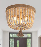 AMZASA Boho Flush Mount Ceiling Light Wooden Beaded Hepm Rope Oak Withe Farmhouse Beaded Chandelier Light Fixture 3 Lights for Nursery Bedroom Hallway Entryway - color: Hemp Rope