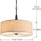 Shrine Lighting Drum Chandeliers, Farmhouse Style, Perfect Drum Pendant Light for Dining Room, D21'' x H8'', Adjustable Chains 59'', E26*3 Sockets, Beige Linen Fabric Lampshade & Black Rod - color: Beige&Black D20''