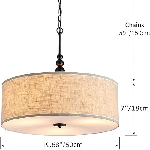 Shrine Lighting Drum Chandeliers, Farmhouse Style, Perfect Drum Pendant Light for Dining Room, D21'' x H8'', Adjustable Chains 59'', E26*3 Sockets, Beige Linen Fabric Lampshade & Black Rod - color: Beige&Black D20''