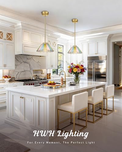 Gold Pendant Light, HWH 10.4-inch Hanging Light Fixture for Living Room, Dining Room, Bedroom, Pendant Lights Kitchen Island with Colored Floral Glass, Gold Finish, 5HJX110MIL BG-C - color: Gold+Colored Floral Glass