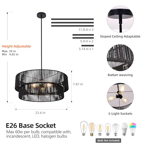 Black Boho Rattan Chandelier 23.6'' Hand Woven Chandelier Light Fixture 3-Light Farmhouse Drum Pendant Light for Dining Room Bedroom Kitchen Hallway Foyer - color: 23.6" Black Rattan