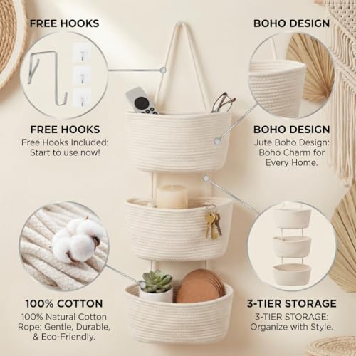 Hanging Wall Basket, Over the Door Hanging Basket with Hooks for Storage, Organizing, Decorative Boho Decor for Nursery, Bedroom, Living Room with 4 Hooks, Whte - color: White