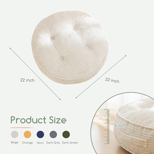 HIGOGOGO 6" Extra Thick Floor Pillow Cushion for Adults, Meditation Cushion Pillow, Large Round Floor Sitting, Tufted Corduroy Cover, for Tatami Living Room or Yoga, 22x22 Inch, Beige - color: Round Beige, size: 6" Thick(Pack of 1)