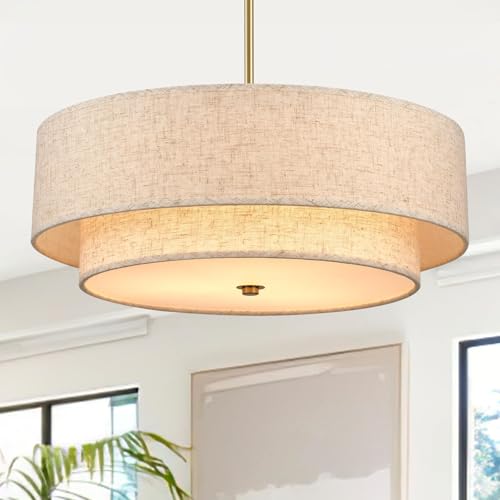 Gold Modern Chandelier 18'' Drum Pendant Light with Fabric Lampshade Hanging Light Fixture 3-Light Farmhouse Chandeliers for Dining Room Bedroom Kitchen Hallway Foyer - color: 18" Fabric Gold