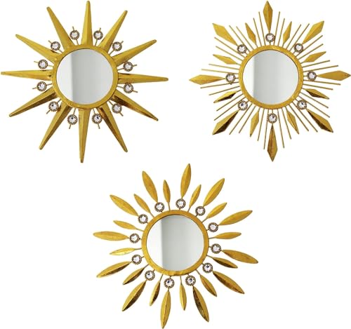 Champagne Gold Round Mirrors for Wall Art Pack of 3, Decorative Mirror Wall Valentine Decor& Vintage Room Decor, Sunburst Circle Mirrors Modern Valentine Gifts for Women & Moms - color: Golden- a