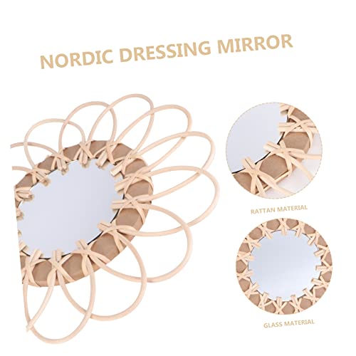 PRETYZOOM 1pc Boho Decorative Woven Mirror Handcrafted Wall-Mounted Makeup Mirror for Beige for Living Room Bedroom Bathroom Wall Art