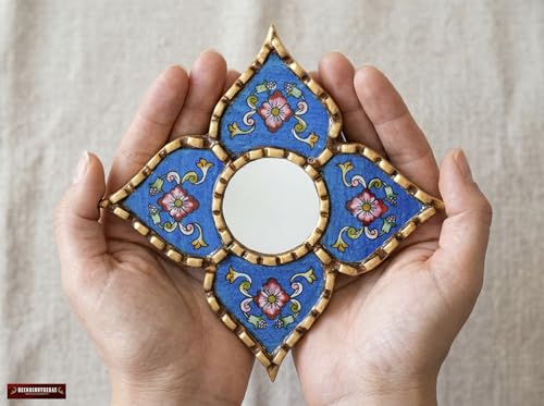 Peruvian Painted Glass Mirror with Bronze Leaf Framed - Handmade Diamond Mirror 6in for Gallery wall (Blue) - color: Blue