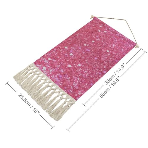MUSM Boho Wall Hanging with Tassels - 10x19.6 Inch Cotton Linen Tapestry Art Print, Wood Frame & Hanging Rope, Sparkling Pink Glitter Poster for Living Room, Bedroom, Hallway Decor