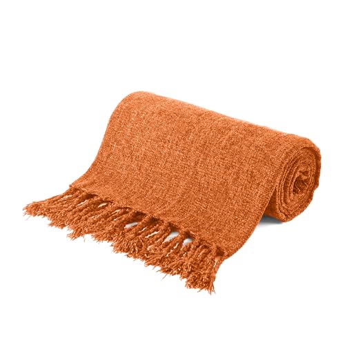 BATTILO HOME Burnt Orange Chenille Throw Blanket for Couch, Soft Cozy Knitted Fall Throw with Tassels, Lightweight Throw Blanket for Fall Decor Bed Sofa Living Room, 50"x60" - color: Orange