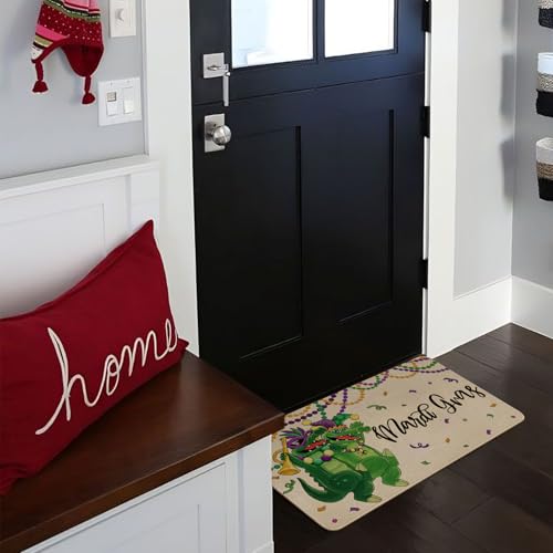 Mardi Gras Door Mat,Green Alligator New Orleans Carnival Masquerade Mask Beads Indoor Outdoor Non-Slip Doormat,Entryway Front Porch Welcome Mat for Entrance Decor 30" x 17" - color: Mardi Gras Doormat 3