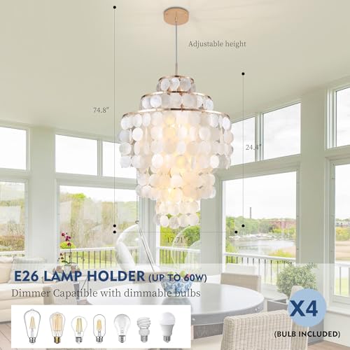 Capiz Shell Chandelier,18" Gold Coastal Chandelier Light Fixture with 4 Lights Capiz Seashell Pendant for Living Room Foyer Kitchen Island Entryway Dining Room Bedroom,LED Bulb Included - size: 18 inch