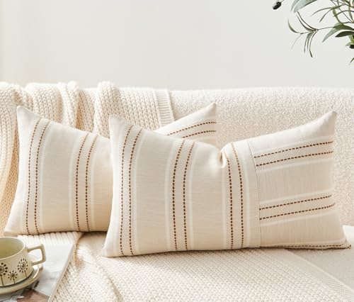 Throw Pillow Covers Set of 2 12x20 Inch Striped Pillow Covers, Soft Decorative Cotton Lumbar Neutral Brown Textured Case for Couch Sofa Bed Living Room, Home Modern Farmhouse Cute Decor - color: Brown, size: 20" x 12" (Pack of 2)