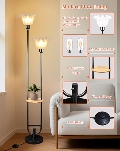 Flower Floor Lamps with Table, 2-Lights Floral Floor Lamp Dimmable, 3000K Warmwhite Modern Floor Lamp, Vintage Black Standing Lamp with 5Lbs Heavy Base for Living Room Bedroom Girls Room - color: 2 Flower-Black