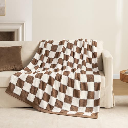 Snuggle Sac Brown Checkered Throw Blanket Faux Fur Microfiber Blankets for Couch,Cozy Soft Warm Blanket for Sofa Bedroom Living Room,Brown Checker,50x60 inches - color: Brown White, size: Throw(50"x60")