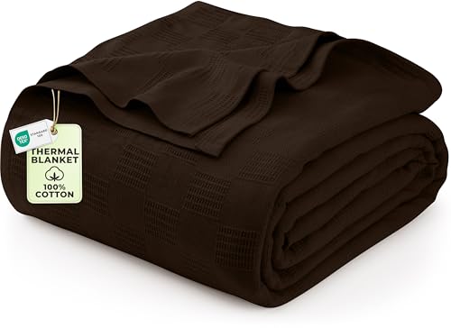 Utopia Bedding 100% Cotton Thermal Blanket Brown Queen Size Soft, Lightweight, Breathable, Cozy Spring and Summer Blankets for Bed, Home Room Decor Gifts for Women and Men (90x90 Inches) - color: Brown, size: Queen