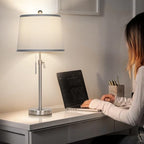 JUNNAI Table Lamps Set of 2, Bedside Lamp Silver Tall Table Lamps for Living Room End Tables, 22" to 30" Adjustable Height Lamp for Bedroom Nightstand Farmhouse with Pull Chain(Bulbs Included) - color: Silver+Gray Shade Set of 2
