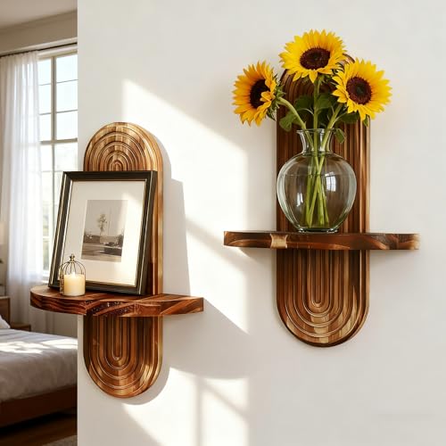 Artilady 2 Pack Floating Shelves for Wall Decor Boho Wood Shelf Plant Holder Trinket Storage Rack Rainbow Arch Home Decor for Bedroom Living Room Office Apartment - color: 1 Dark Brown