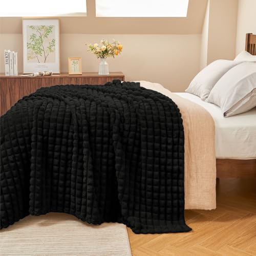 BEDELITE Black Blanket Queen Size for Bed- Super Soft Lightweight 3D Checkered Fluffy Fuzzy Fleece Blanket, Luxurious Cozy Blanket for Room Home Decor, Gift for Women, 90x90 inches - color: Black, size: Queen(90"x90")