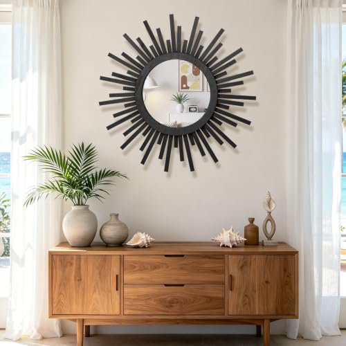 24 Inch Boho Sunburst Mirror, Round Wooden Wall Decor Starburst Sun Mirror for Bedroom, Living Room, Bathroom, Hallway, Balcony, Farmhouse Entryway, Housewarming Gift（Black - color: Black, size: 24"L x 24"W