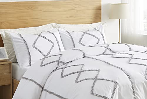 Minimalist Macrame Boho Chic White and Grey Set of 2 Pillow Cases Standard Queen Pillowcase Sham Cover Set Bed Tufted Knotted Tassel Fringe Cotton Decorative Accent Home Room Decor - color: Gray, White