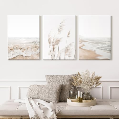 Joocrise Beach Wall Art Boho Prints Coastal Canvas Wall Art Beach Pictures Pampas Grass Ocean Poster Plant Landscape Beach Scene Artwork for Living Room Bedroom Decor 12x16x3 Inch Wrapped Canvas - color: Beach Art Prints, size: 12x16 Inch Wrapped Canvas