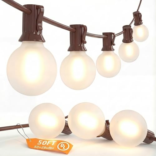 SUNSGNE 50FT Brown Outdoor Edison String Lights, Waterproof Shatterproof LED Globe String Lights with 50 G40 LED Frosted White Bulbs for Backyard Patio Porch Balcony Party Decor, E12 Base - color: Frosted White-Brown, size: 50FT
