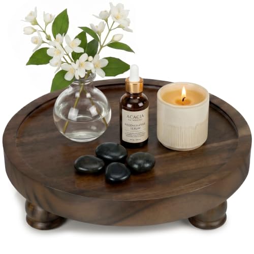 Demigo 10" Acacia Wood Round Tray - Dark Brown Pedestal Stand - Farmhouse Countertop Organizer, Multi-Purpose Display Riser Board for Soap, Perfume, Candles, Kitchen, Bathroom (10x2.5 Inch) - color: Dark Brown