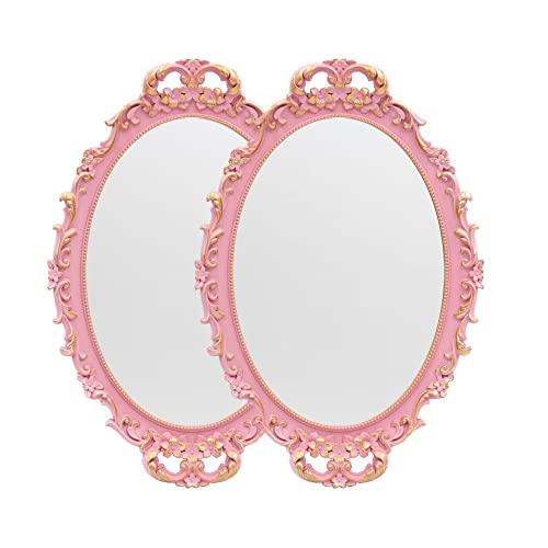 Tstarer 2PACK - Vintage Decorative Pink Framed Mirror, Wall Hanging Mirrors & Tabletop Tray for Bedroom Living Room Dresser Decor, Oval- 9.6" W x 14.3" L (PINK-2PACK) - color: Pink-2pack