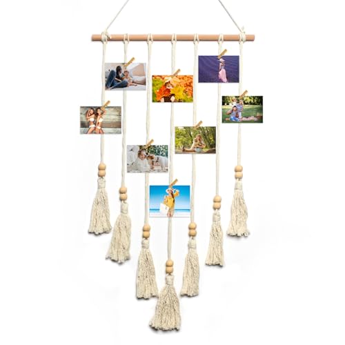 Hanging Photo Display Wall Decor Macrame Wall Hanging Boho Collage Picture Frames Decor for Dorm Bedroom Living Room Teen Girl Gifts-A - color: Beige Photo Decoration A