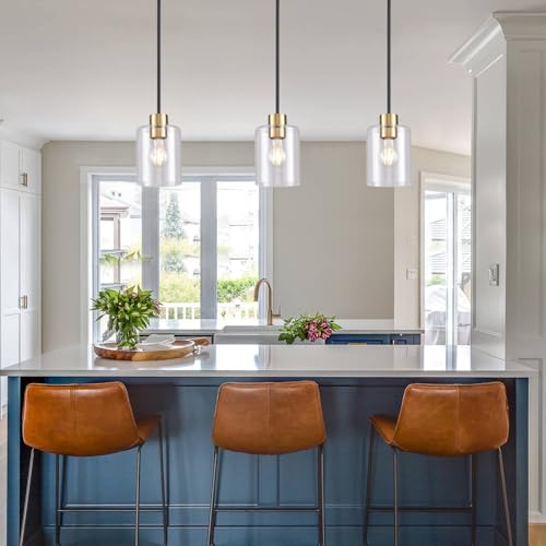 Black Brass Pendant Lights Kitchen Island - Clear Glass Pendant Light Fixture Multiple Stems Rods 3 Units 12 Inch 3 Units 4 Inch (2 Pack Black Brass Downrod) - color: Black+brass 2PK