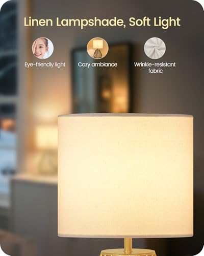 Gold Table Lamp, Small Gold Bedside Lamp with Metal Base & White Linen Lampshade, Modern Nightstand Lamp, Little Cute Desk Lamp for Bedroom, Living Room, 2700K LED Bulb Included, DCW06TL05 - color: White + Gold