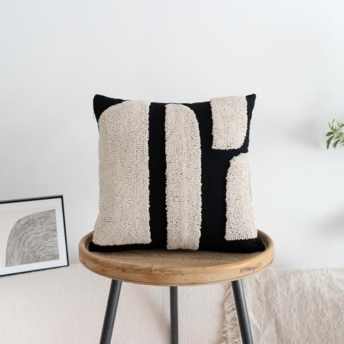 Black Cream Boho Chunky Tufted Pillow Cover, Neutral Decorative Square Throw Pillow Case, Geometric Woven Modern Sham for Bed Couch Living Room, 18x18 inches, 1PCS - color: Black, size: 18" x 18" (Pack of 1)