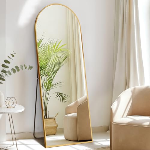 DUMOS Arched Full Length Mirror, 56"x15" Full Body Floor Standing Mirror with Aluminum Frame and Shatter Proorf Nano Glass, Modern Wall Hanging Leaning for Living Room, Home Decor, Gold - color: Gold-rounded, size: 56"L x 15"W