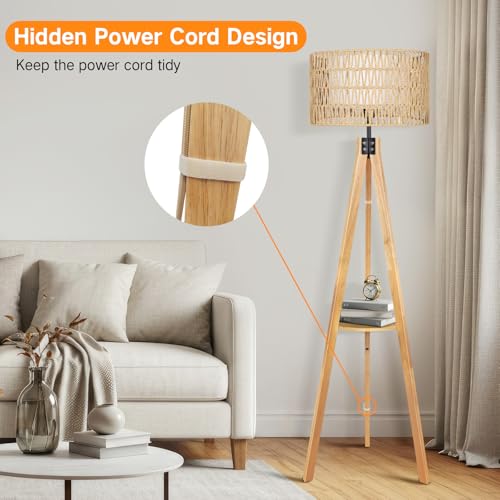 OUTON Boho Rattan Tripod Floor Lamp with Shelves, Remote Control, Dimmable Mid Century Modern Standing Lamp 58.5" for Bedroom, Living Room & Office, Lamp Shade Includes E26 9W Bulb, Wood - color: Wood & Rattan Shade