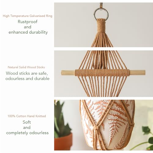 Wooden Dowel & Diamond Macrame Plant Hangers 2 Pack 39 Inch, Handwoven Cotton Rope Plant Holder with S Hooks, Boho Home Decor for Indoor Plants for up to 10in Pot (Caramel Wood Hanger)