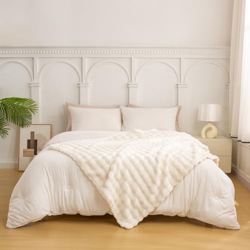 YUSOKI 3D Fleece Bubble Throw Blanket | 380GSM Ultra Soft Fluffy Plush | Non-Shedding Lightweight Cozy Blanket for Couch Sofa Bed | All Season (Ivory,50 * 60inches) - color: Ivory, size: Throw(50" x60")