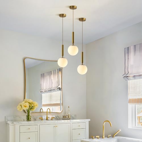 BOKT Mid Century Modern Gold Globe Pendant Light Milk White Opal Glass Pendant Light 1 Light Farmhouse Brushed Brass Mini Hanging Pendant Lights Kitchen Island for Bathroom Bedroom Hallway (Gold) - color: Gold