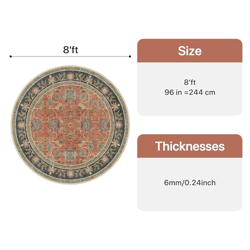 Bavni 8ft Floral Round Rugs for Living Room, Vintage Distressed Accent Circle Rug, Machine Washable Rug Non Slip Stain Resistant, Low Pile Thin Soft Coral Blue Carpet for Bedroom, Dining Room, Nursery - color: Coral Blue, size: 8' (Round)