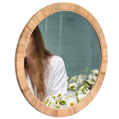 FUIN 25" Boho Chic Round Rattan Mirror - Handmade Wicker Frame - Perfect for Rustic Farmhouse Décor - color: Rattan, size: 25"L x 25"W