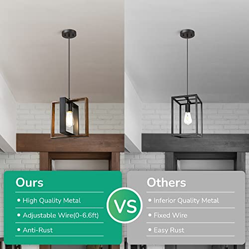 EDISHINE Farmhouse Pendant Light Fixture, Rustic Hanging Light Fixture with Wood Grain and Black Finish, Pendant Lighting for Kitchen Island, Dining Room, Hallway, Adjustable Cord