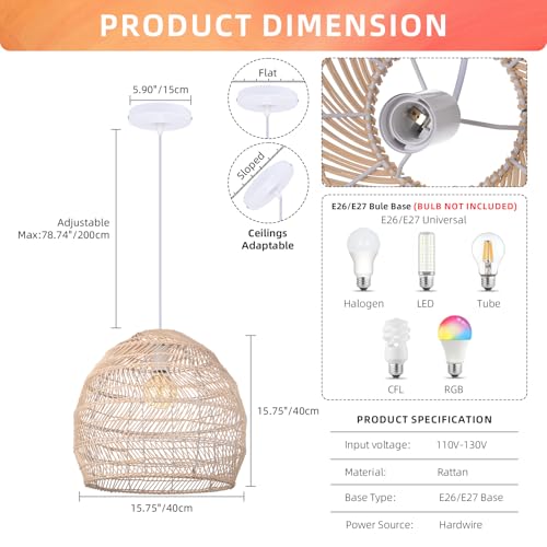Arturesthome 15.7" Rustic Woven Pendant Ceiling Light Fixture,Rattan Chandeliers Hanging Light for Farmhouse Home Decro Kitchen Island Dinning - color: Rattan, size: 15.7in*13.78in