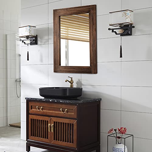YOSHOOT Hand-Made Wooden Spliced Wall Mirror for Bathroom, Rustic Farmhouse Vanity Mirror, Décor Wall Art, Solid Wood Frame, Vertical or Horizontal Hanging - color: Spliced Brown, size: 26"L x 18"W