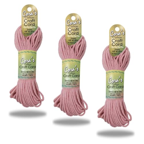 Cora's Cotton Macrame Cord | 2mm x 100ft 3-Pack | Braided Cotton Cord for Macrame | Macrame, DIY Crafts, Plant Hangers, Wall Hanging, Crochet | Durable, Long Lasting, Vibrant (Blush Pink) - color: Blush Pink